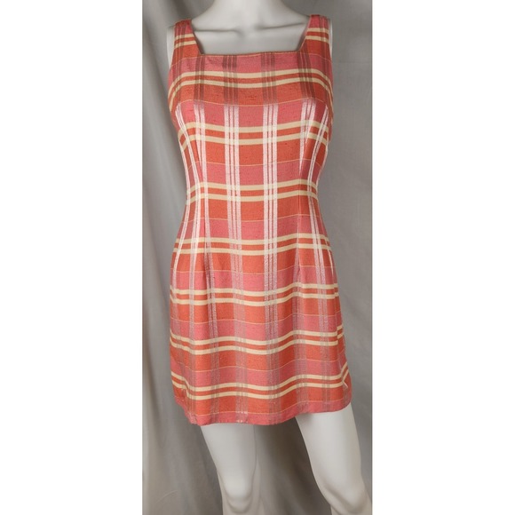 A Fortiori Dresses & Skirts - VTG 90s A Fortiori Coral Plaid Sleeveless Mini Sheath Dress S/M*